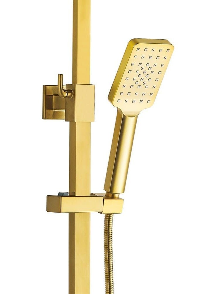 المفتاحة طقم كامل لعمود دش مطري فاخر - نظام دش مطري مثبت على الحائط بطلاء ذهبي مطفي | خلاط دش متوازن الضغط مصنوع من النحاس الصلب مع دش يدوي قابل للتعديل للحمامات العصرية - Image 4